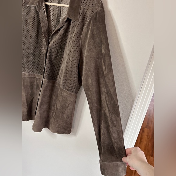 ECRU Brown Suede Perforated Button Down Overshirt Shacket Boho Western | Size L - Picture 7 of 16